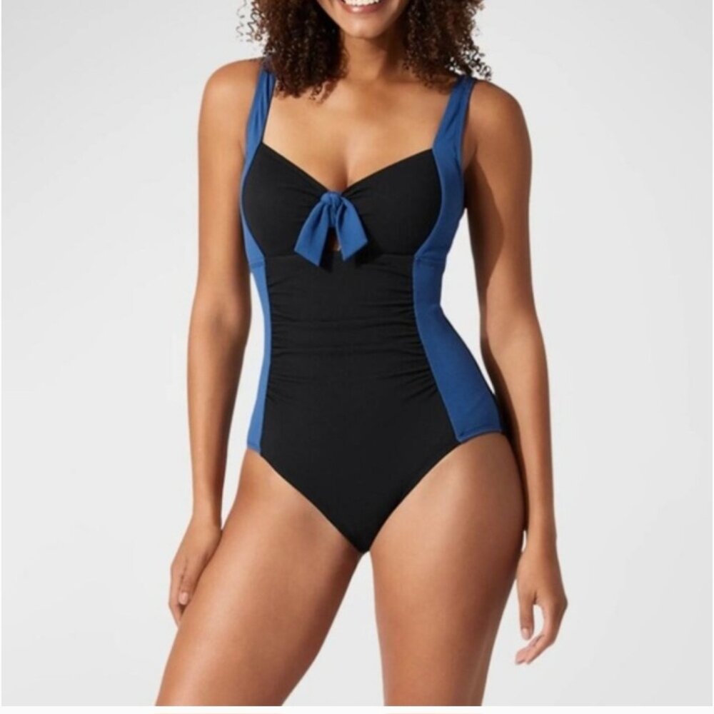 Tommy Bahama Colorblock One Piece Swimsuit Black and Indigo Blue